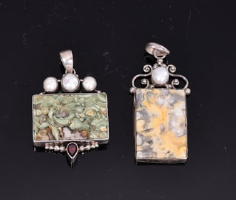Two Jasper Gemstone 925 Sterling Silver With Pearl Detail Brooches