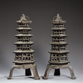 Pair Of Japanese Five Elements Pagoda Cast Iron Lighting Lanterns