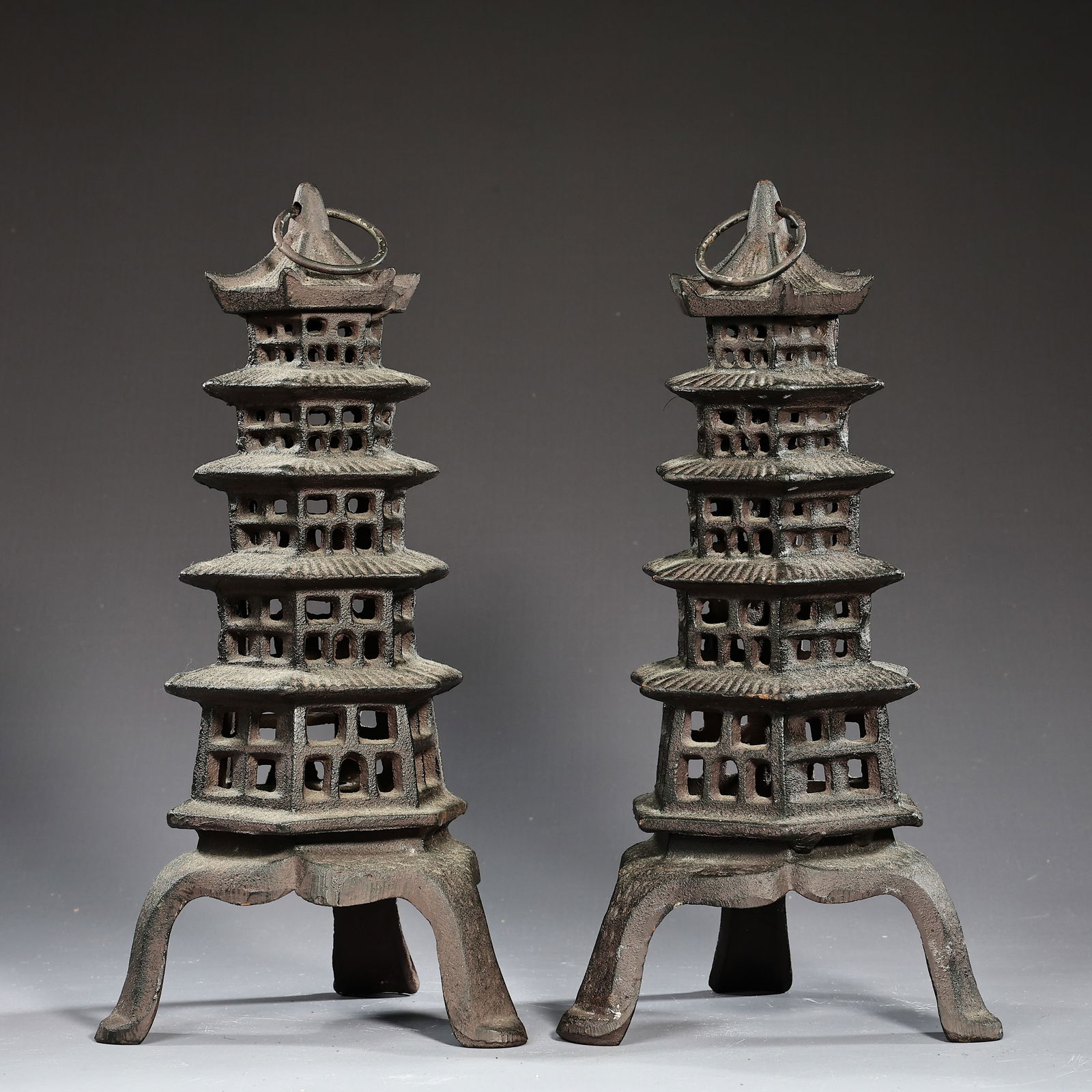 Pair Of Japanese Five Elements Pagoda Cast Iron Lighting Lanterns: Pair Of Japanese Five Elements Pagoda Cast Iron Lighting Lanterns (About 15 x 32 cm each)
