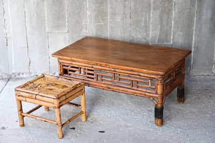 Chinese Wood And Bamboo Table And Burnt Tortoise Bamboo Stand
