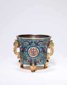 Bronze Cloisonne Carved Bat and Shou Pattern Double Chi Dragon Ears Incense Burner