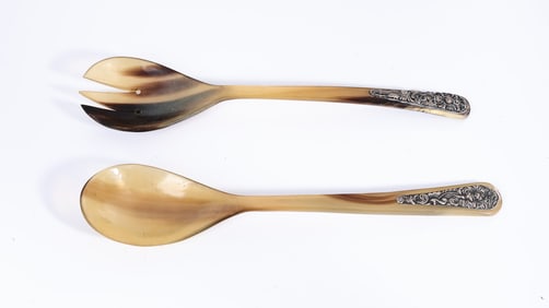Pair Of Horn Serving Spoon And Fork With Sterling Silver Detail