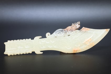 Jade Carved Beast Face Pattern Tiger Shape Sword Ornament