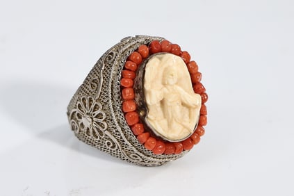 Vintage Chinese Silver Filigree Carved Bone Coral Ring
