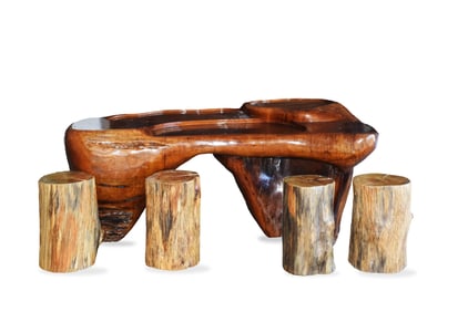 Root Carving Solid Wood Tea Table With Drain And Stools