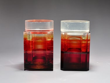 Pair Of Mid Century Red And Clear Lucite Jar With Lid