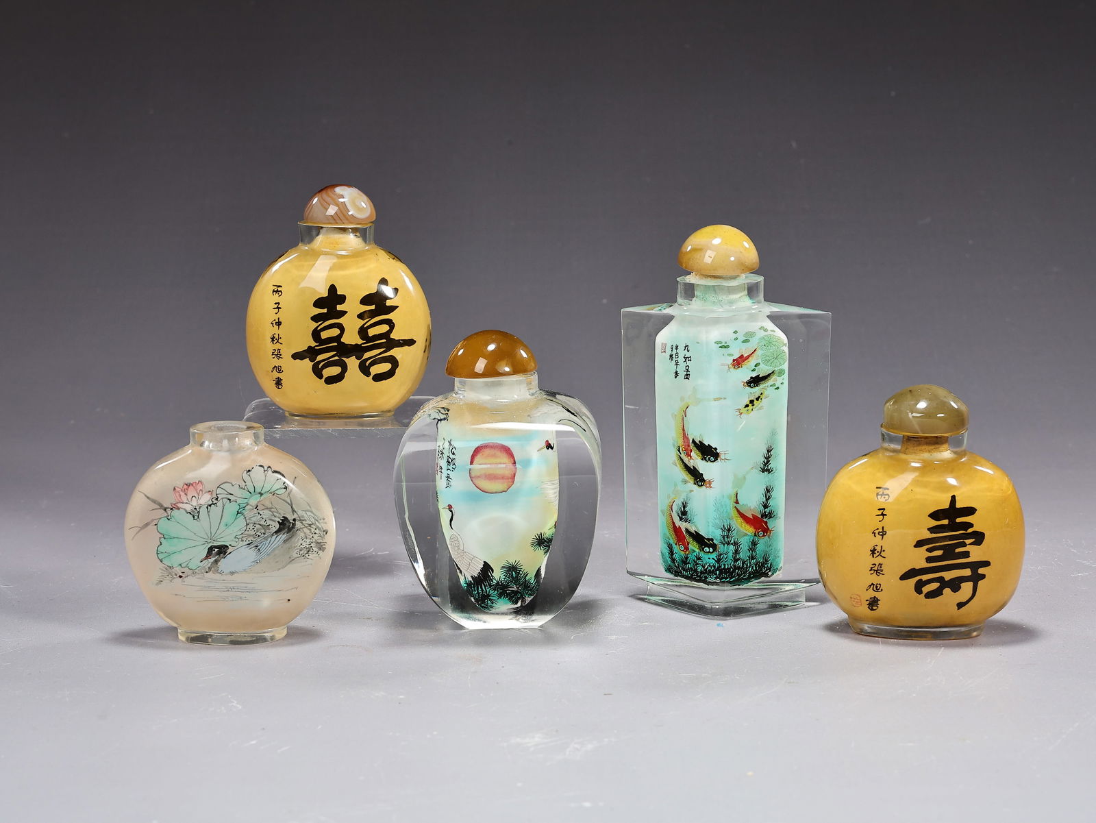 Group Of Chinese Painted Inside Snuff Bottles: Group Of Chinese Painted Inside Snuff Bottles (About 6.5 x 3.5 x 8 cm more or less) See Condition: A bottle with small chip on the bottom in a picture