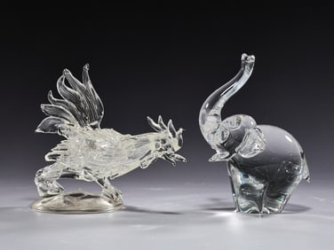 Art Crystal Glass Elephant And Glass Fighting Rooster Sculpture