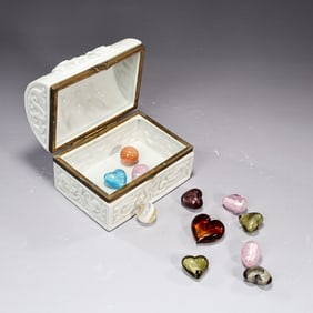 Vintage White Porcelain Trinket Box With Murano Glass Hearts And Balls