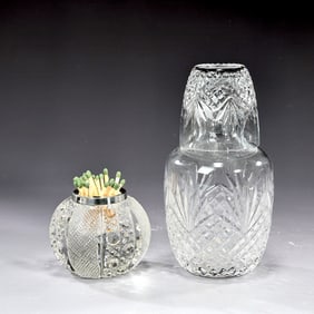 Crystal Bedside Water Set And English Cut Glass Match Striker Holder