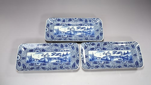 Three Japanese Imari Ware Rectangular Blue And White Plates