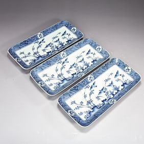 Three Japanese Imari Ware Rectangular Blue And White Plates