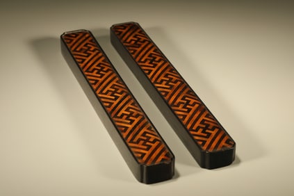 Pair of Red Sandalwood Inlaid Boxwood Carved Wan Pattern Paper Weight