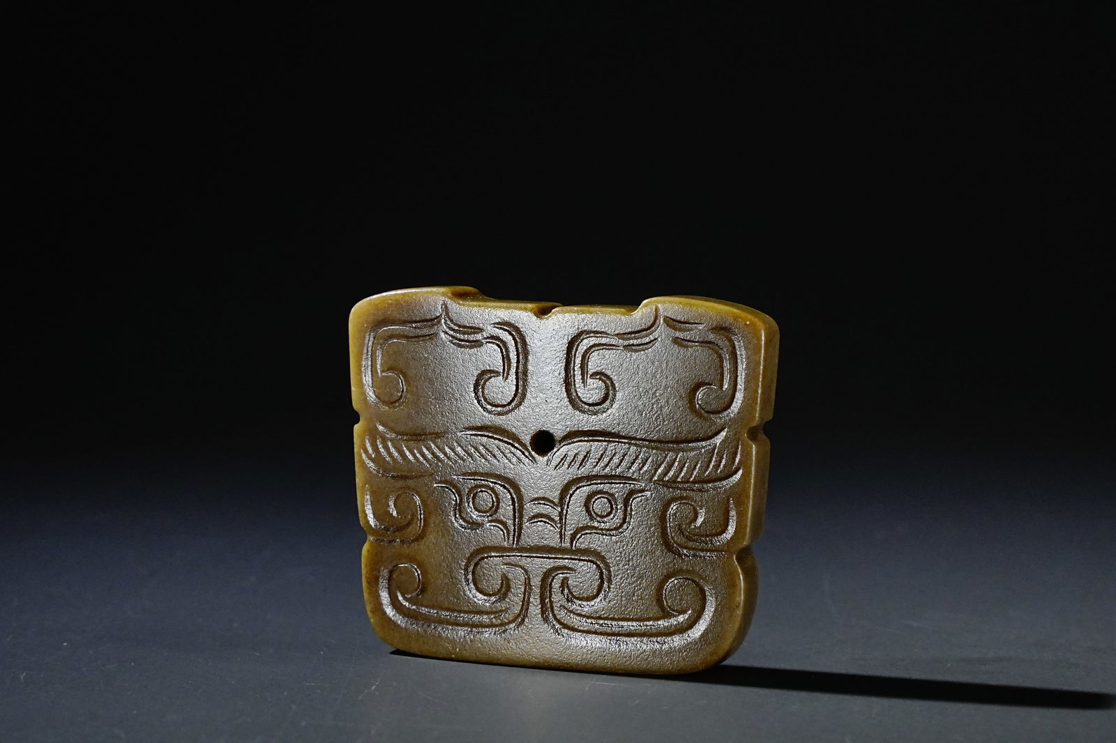 Jade Taotie Pattern Jade Ornament: Jade Taotie Pattern Jade Ornament (3.4 x 2.9 x 0.7 cm)