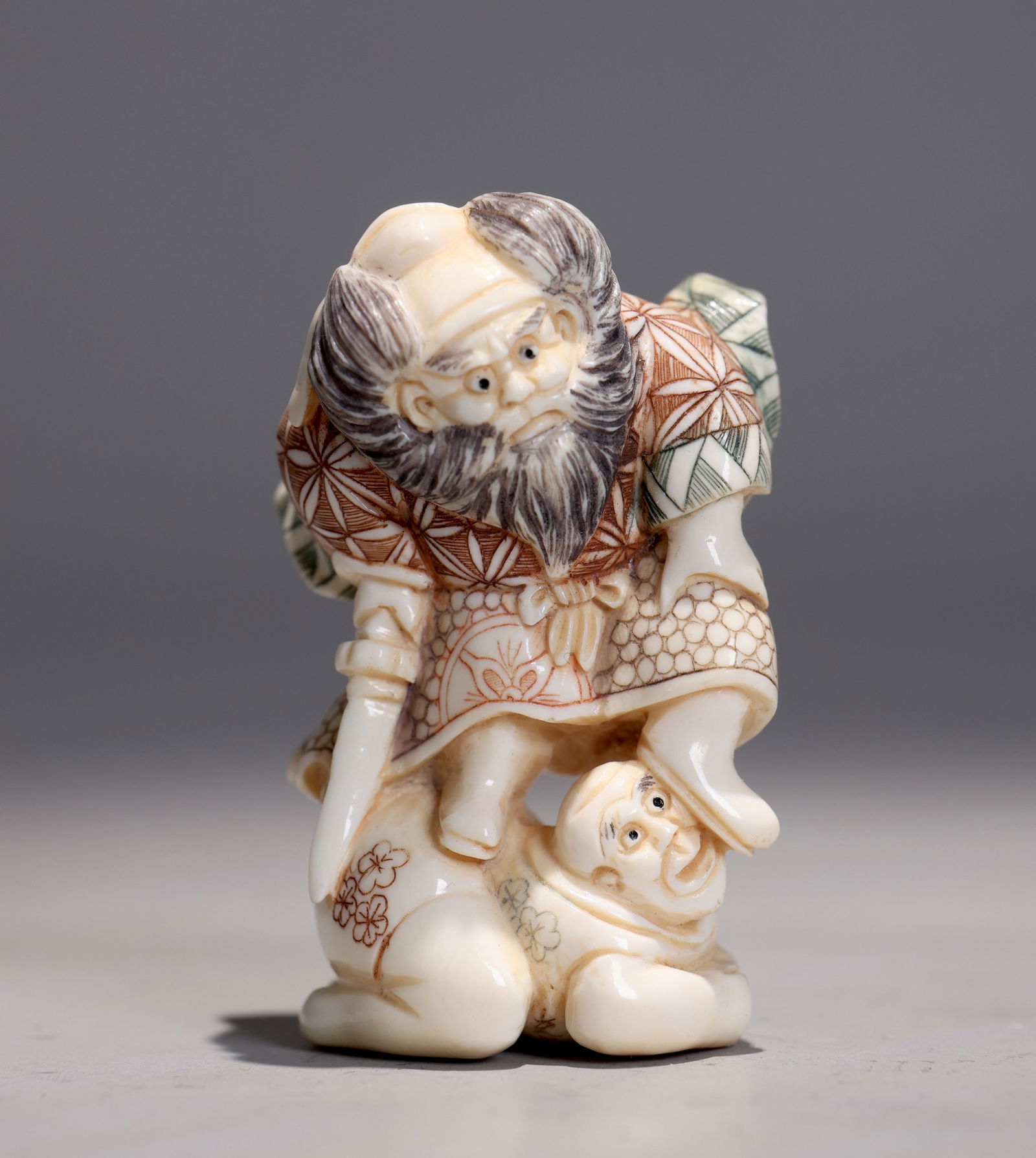 Japanese Carved Netsuke Of Shoki Capture Demon Figurines (1 of 6)