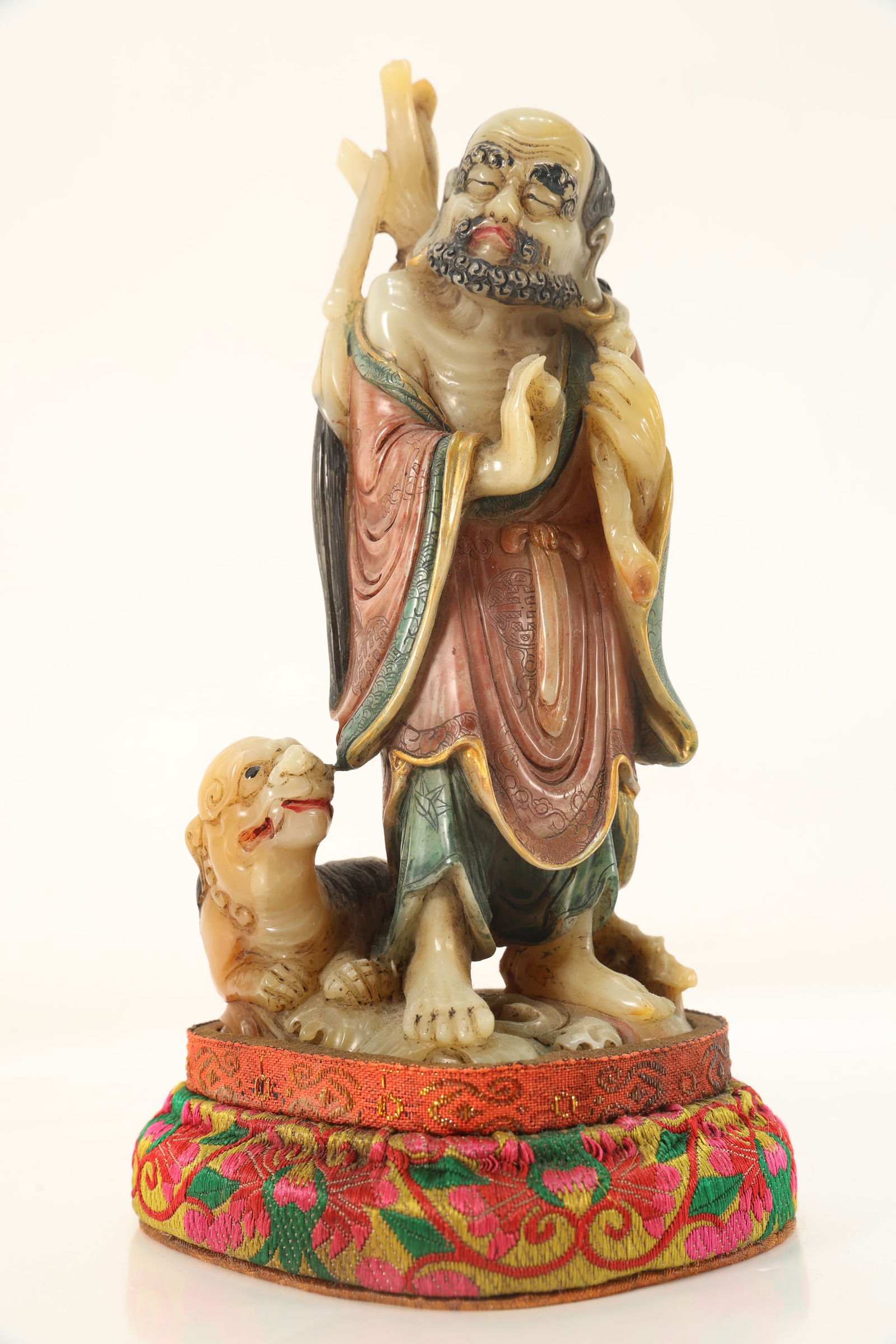 Shoushan Carved Arhat and Beast Ornament: Shoushan Carved Arhat and Beast Ornament (19 x 6 x 9cm)