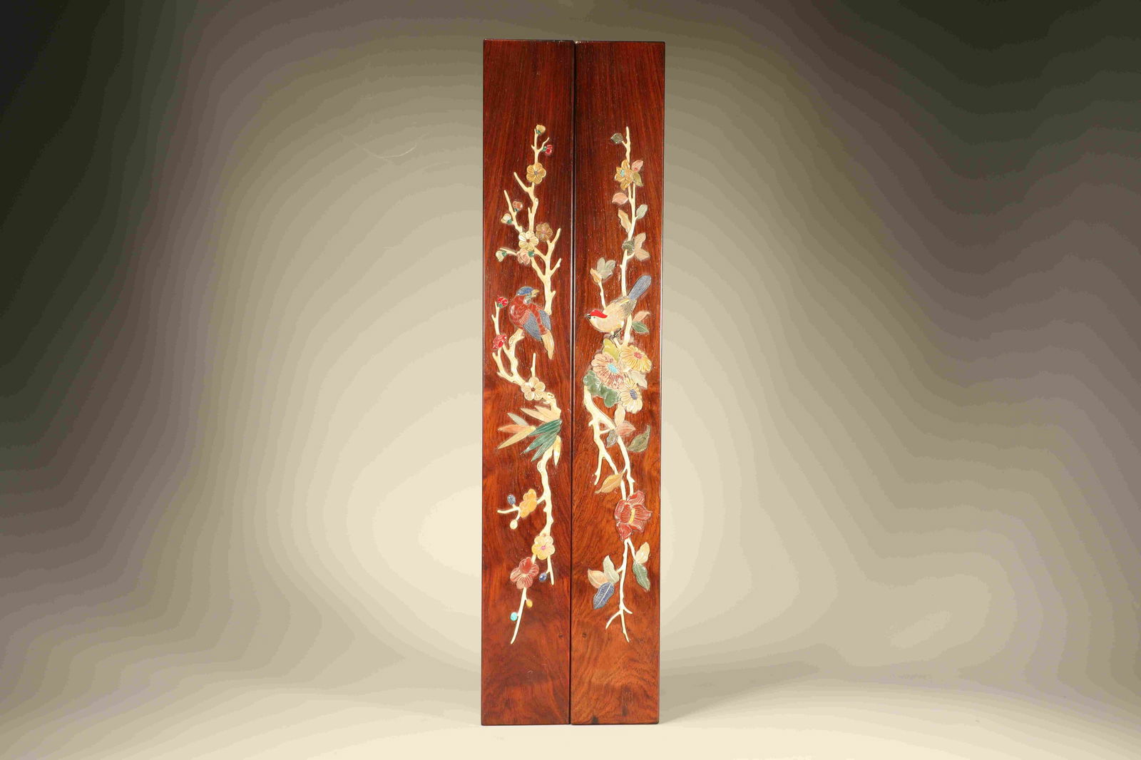 Pair of Huanghuali Wood Inlaid Gem Stone Carved Flower and Bird Pattern Paper Weight: Pair of Huanghuali Wood Inlaid Gem Stone Carved Flower and Bird Pattern Paper Weight (57 x 8 x 4cm)