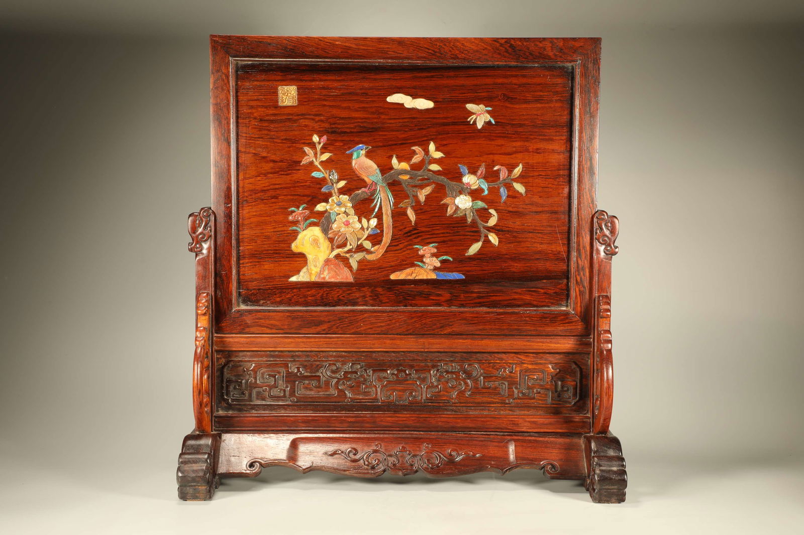 Huanghuali Wood Inlaid Gem Stone Carved Flower and Bird Pattern Table Plaque: Huanghuali Wood Inlaid Gem Stone Carved Flower and Bird Pattern Table Plaque (50 x 47 x 19cm)
