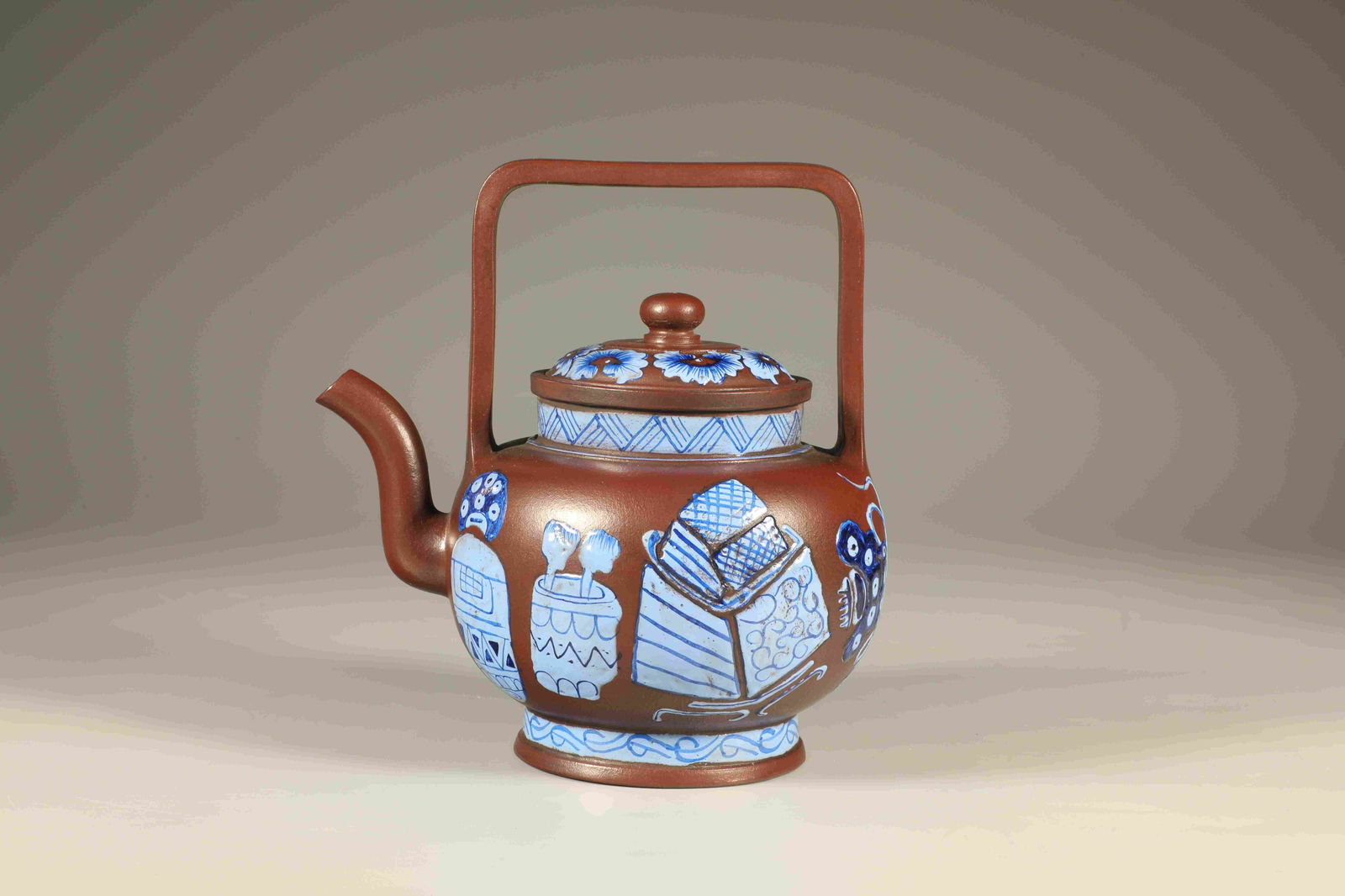 Purple Clay Colour Painted Flower Pattern Handle Pot: Purple Clay Colour Painted Flower Pattern Handle Pot (14 x 13cm)