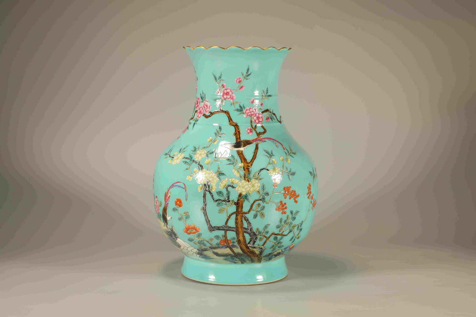 Turquoise Green Glazed Famille Rose Flower and Bird & Poetry Pattern Porcelain Zun: Turquoise Green Glazed Famille Rose Flower and Bird & Poetry Pattern Porcelain Zun (28 x 20cm)