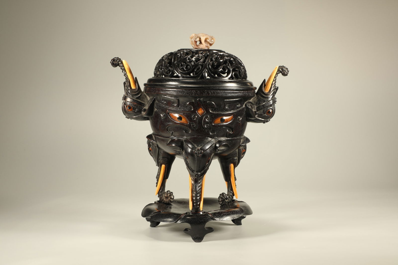 Red Sandalwood Carved Beast Face Pattern Double Elephant Ears Incense Burner: Red Sandalwood Carved Beast Face Pattern Double Elephant Ears Incense Burner (25 x 22cm)