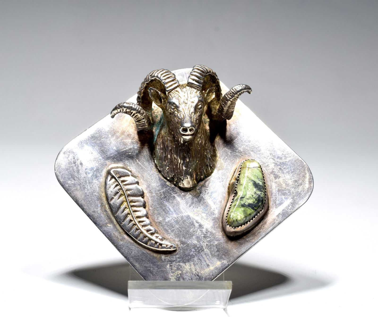 Rare Navajo Native American Turquoise Cast Ram Head Head Sterling Silver Belt Buckle: Rare Navajo Native American Turquoise Cast Ram Head Head Sterling Silver Belt Buckle (7.6 x 7.6 x 2cm)