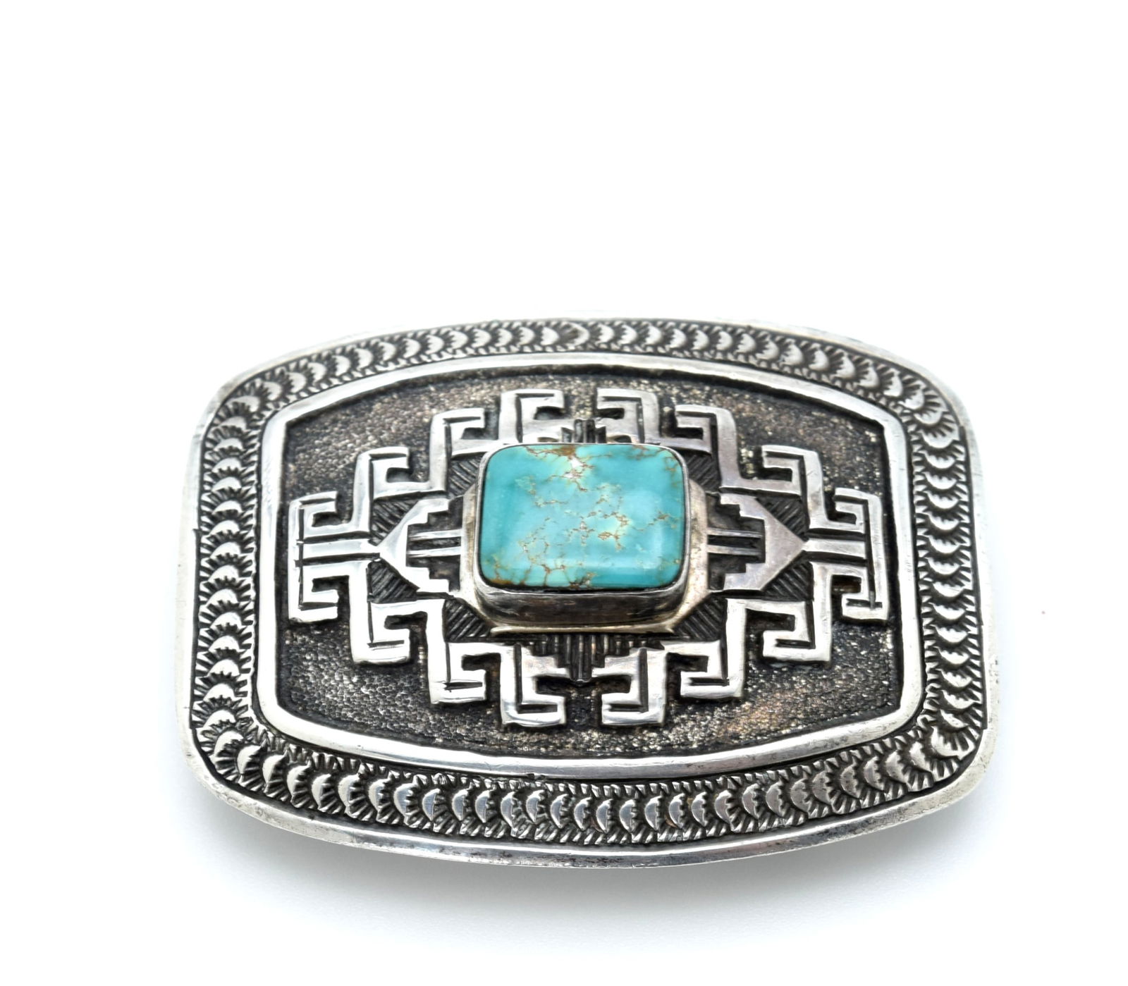 Native American Turquoise Sterling Silver Belt Buckle Signed JB: Native American Turquoise Sterling Silver Belt Buckle Signed JB (6 x 4.5 x 1.7cm)
