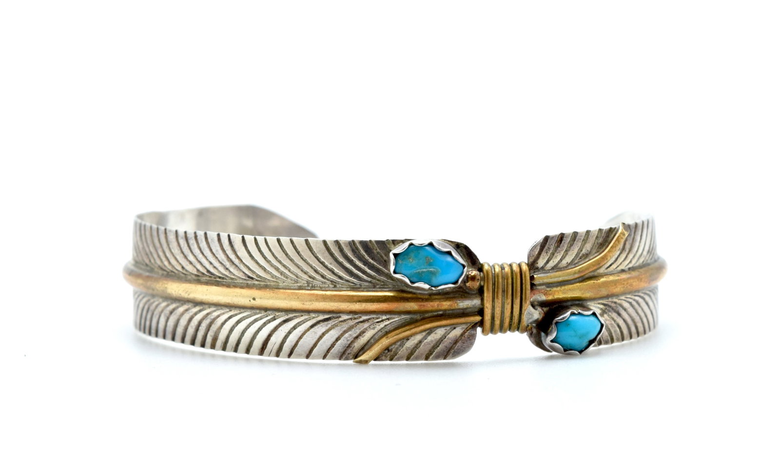 Southwestern Feather Turquoise Gold Filled Sterling Silver Cuff Bangle: Southwestern Feather Turquoise Gold Filled Sterling Silver Cuff Bangle (6 x 5 x 1.5cm)