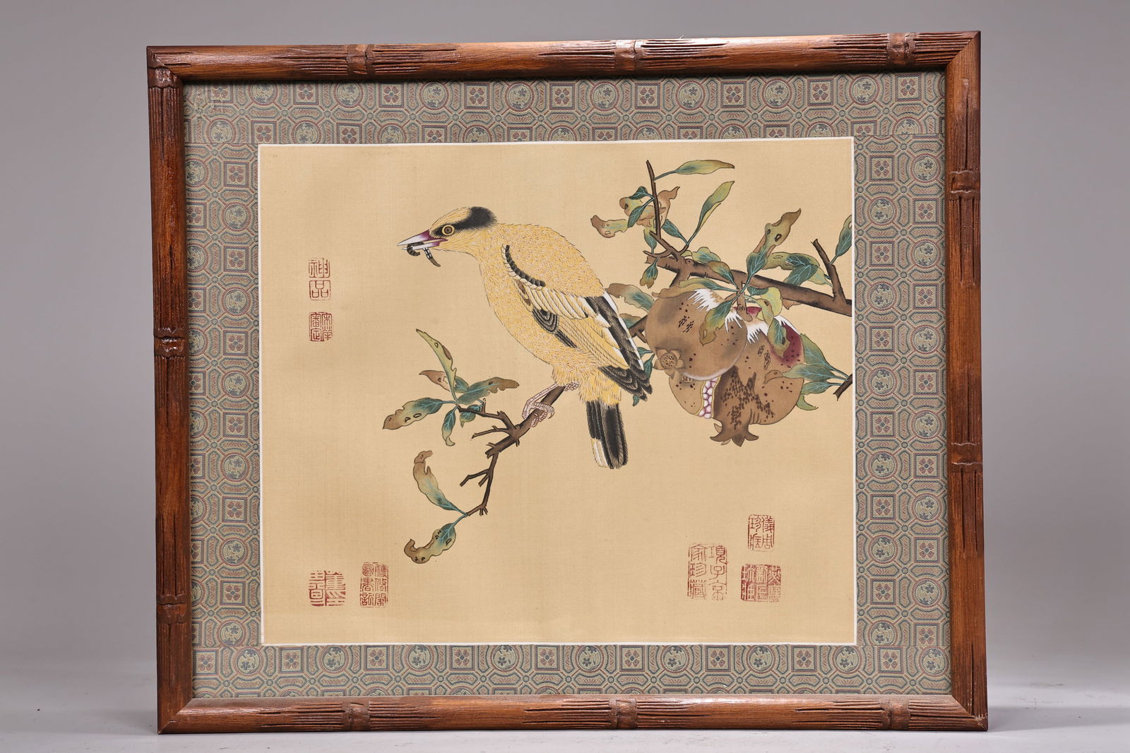 Chinese Painting On Silk Screen Bird On Pomegranate Branch (1 of 8)