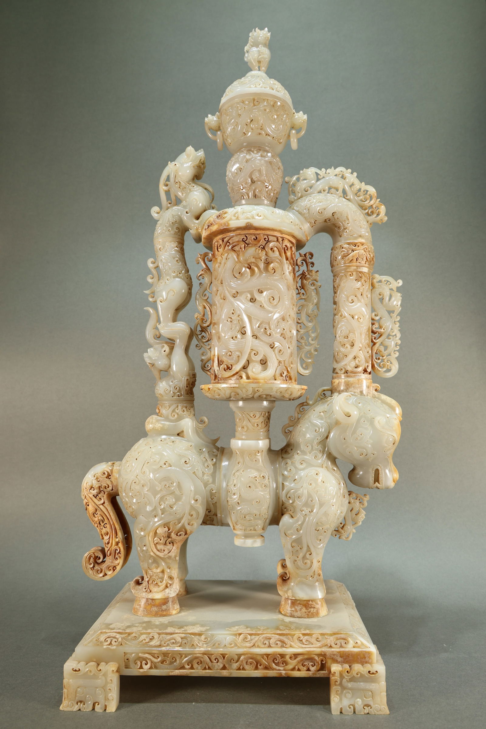 Jade Carved Dragon and Phoenix Pattern Beast Shape Incense Burner: Jade Carved Dragon and Phoenix Pattern Beast Shape Incense Burner (57 x 26 x 16cm)