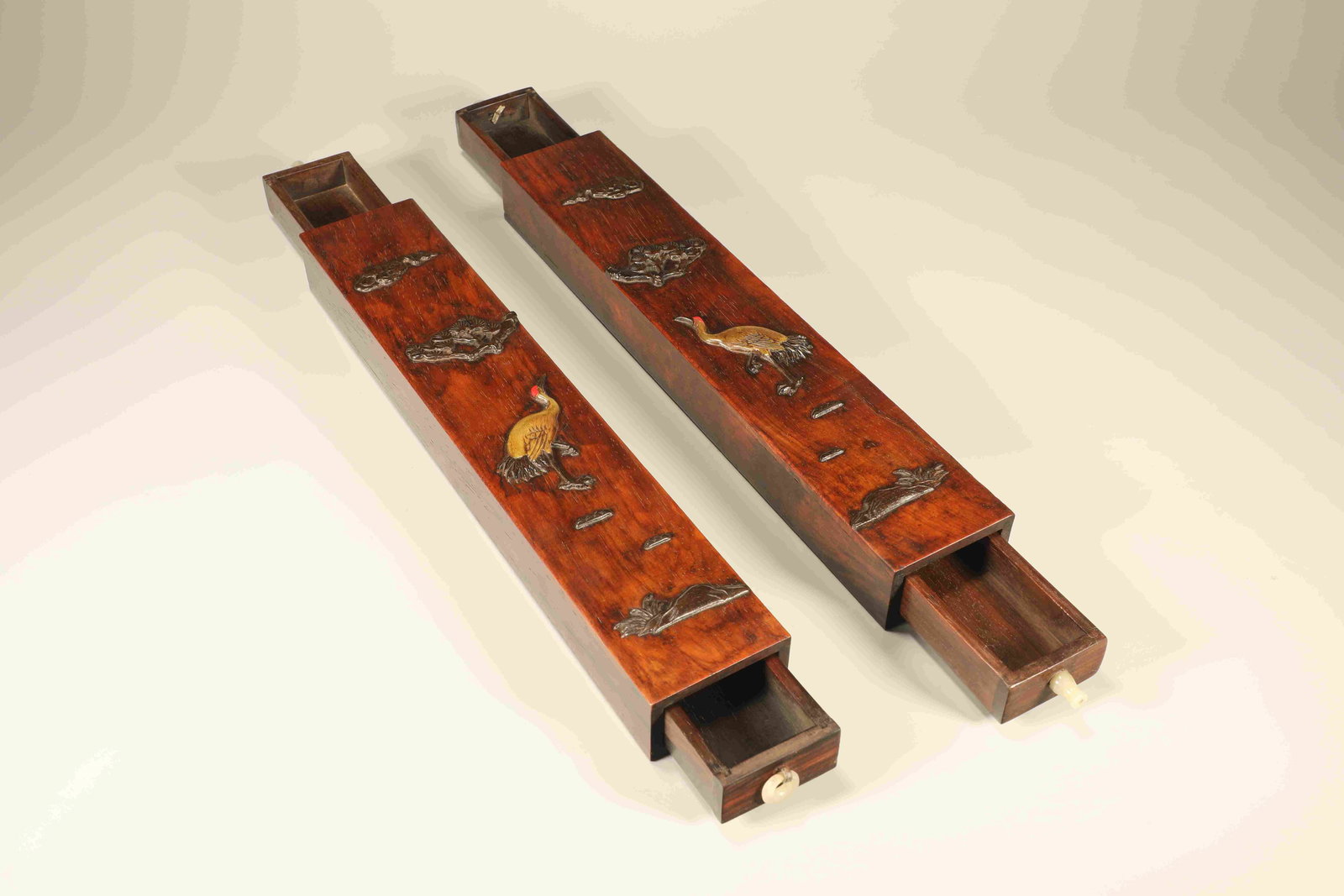 Pair of Huanghuali Wood Inlaid Red Sandalwood Carved Pine Tree and Crane Pattern Lid Box (1 of 8)