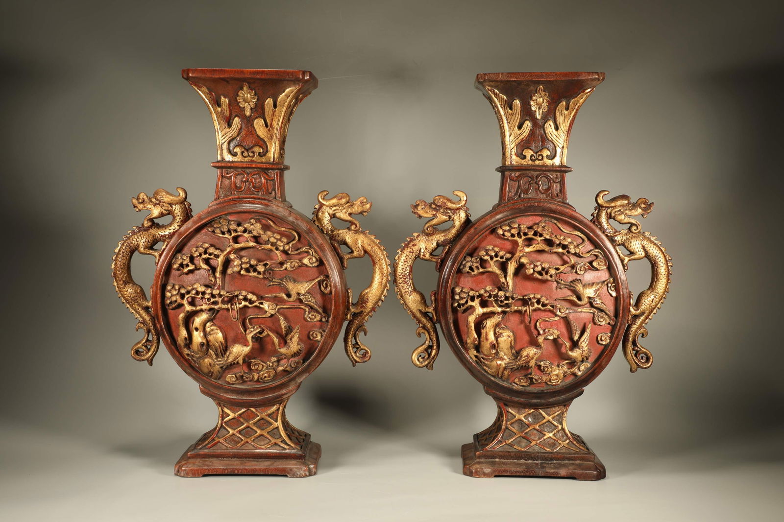 Pair of Agarwood Carved Pine Tree and Crane Pattern Double Dragon Ears Vase: Pair of Agarwood Carved Pine Tree and Crane Pattern Double Dragon Ears Vase (50 x 35 x 13cm)