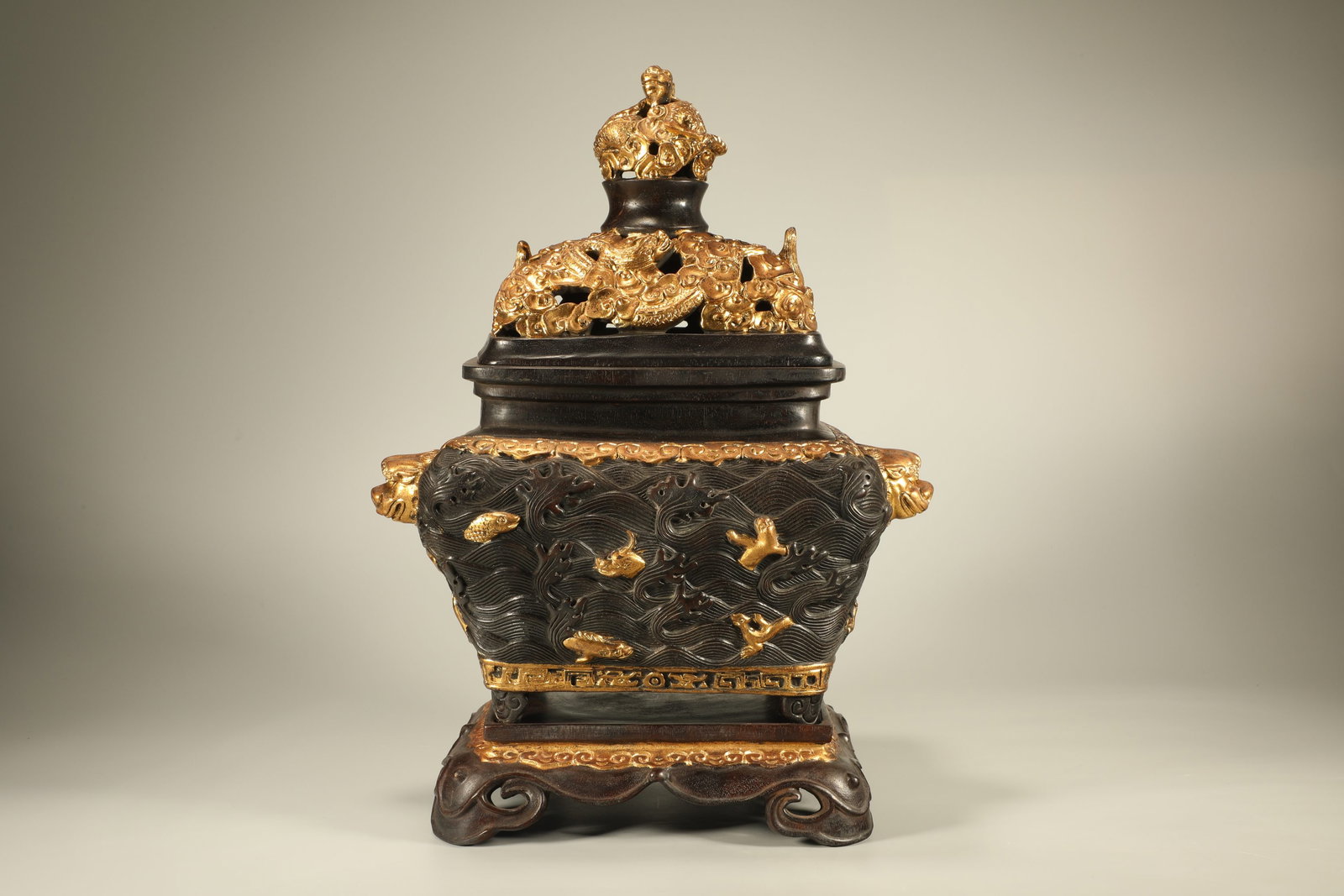 Red Sandalwood Gold Drawing Carved Sea Wave and Beast Pattern Double Lion Ears Incense Burner: Red Sandalwood Gold Drawing Carved Sea Wave and Beast Pattern Double Lion Ears Incense Burner (40 x 29 x 21cm)