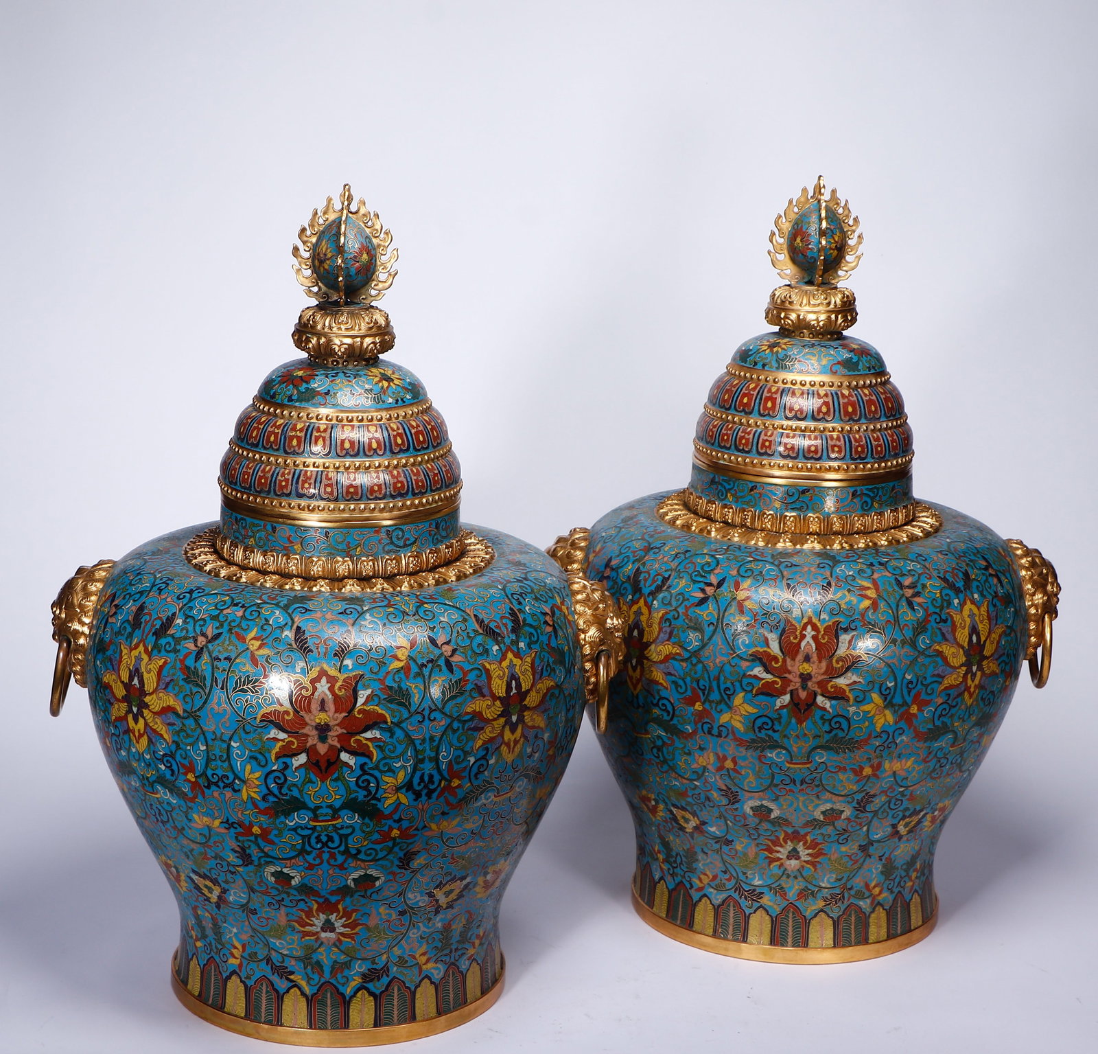 Pair of Bronze Cloisonne Carved Flower Pattern Double Lion Ears Pot: Pair of Bronze Cloisonne Carved Flower Pattern Double Lion Ears Pot (36.5 x 60cm)