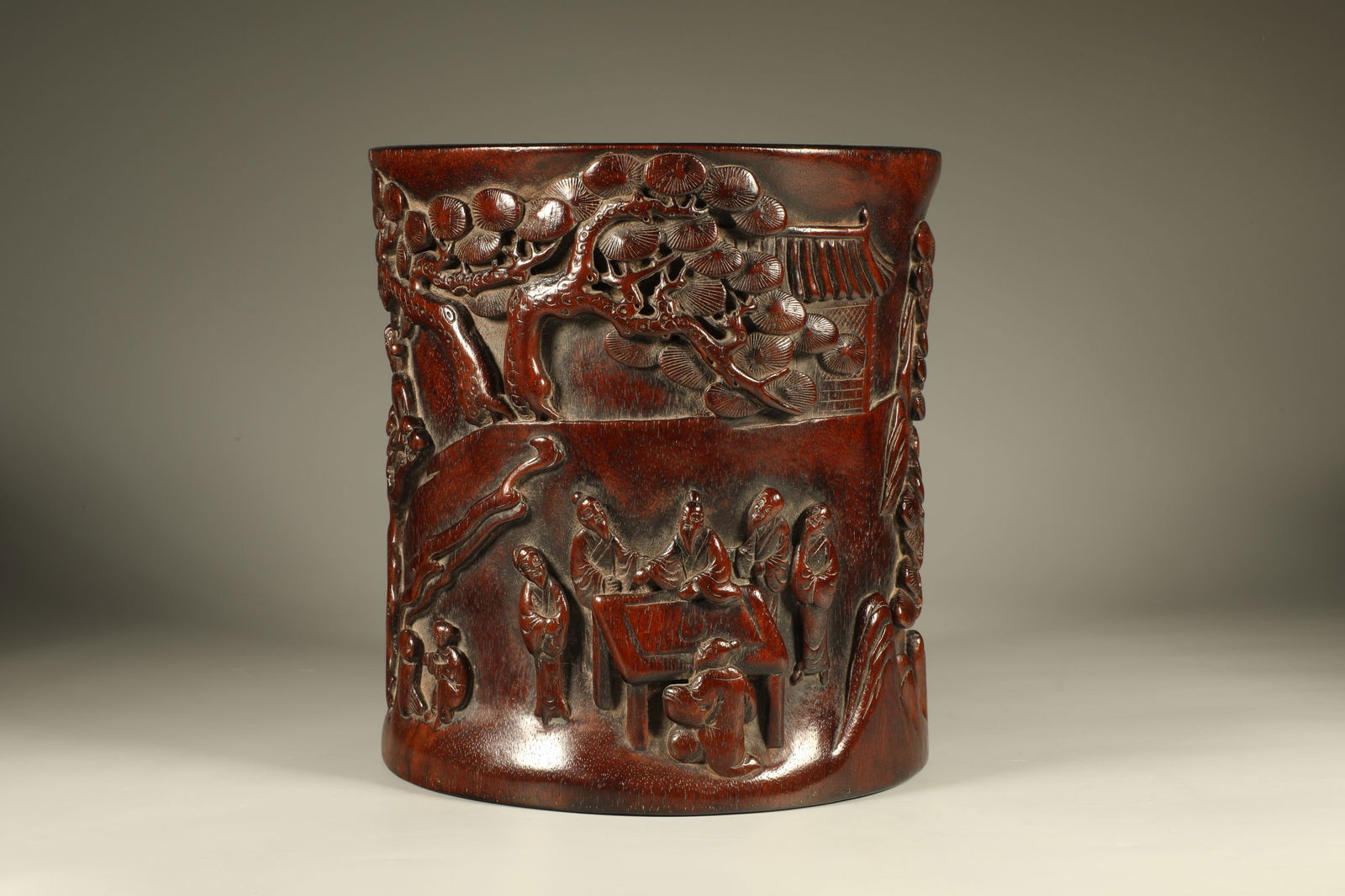Huanghuali Wood Carved Pine Tree and Character Story Pattern Brush Pot: Huanghuali Wood Carved Pine Tree and Character Story Pattern Brush Pot (19 x 17cm)
