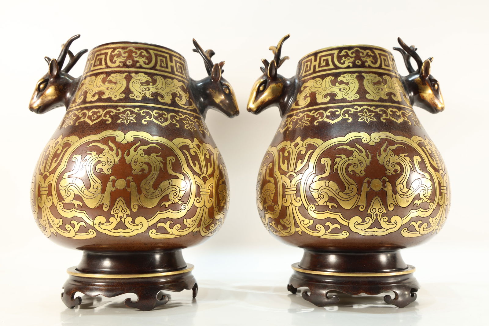 Pair of Bronze Inlaid Gilt Bronze Carved Dragon Pattern Double Deer Ears Incense Burner (1 of 20)