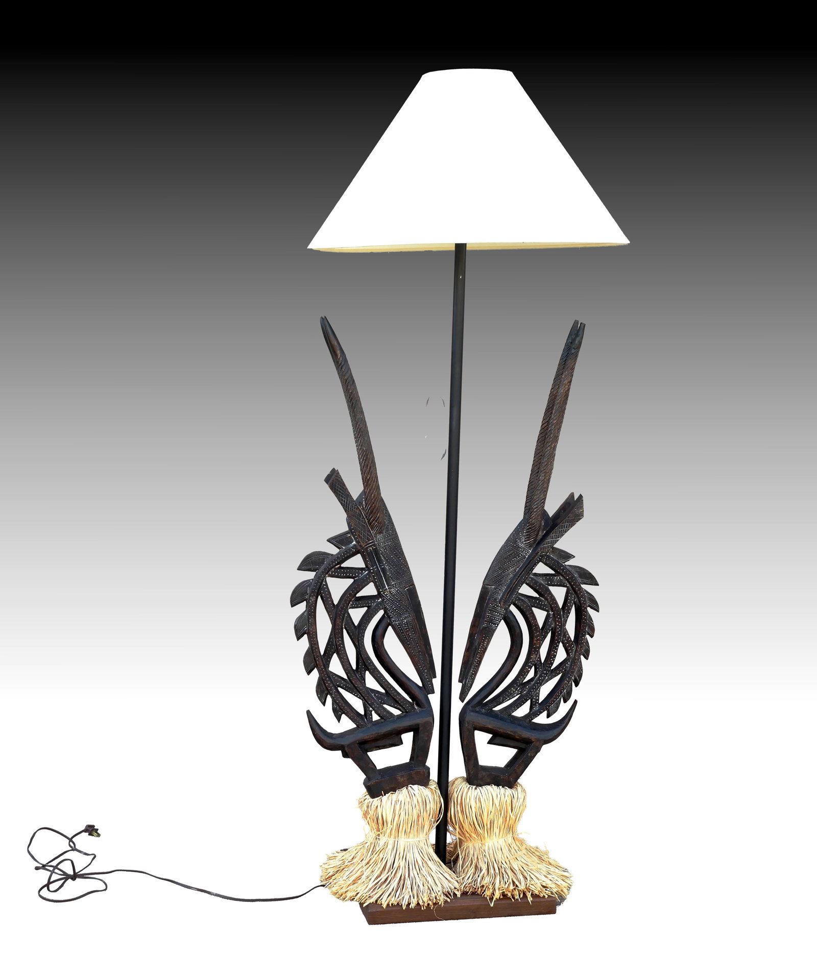 Two African Carved Wood Goat Figure Floor Lamp: Two African Carved Wood Goat Figure Floor Lamp (37 x 62 x 160 cm)