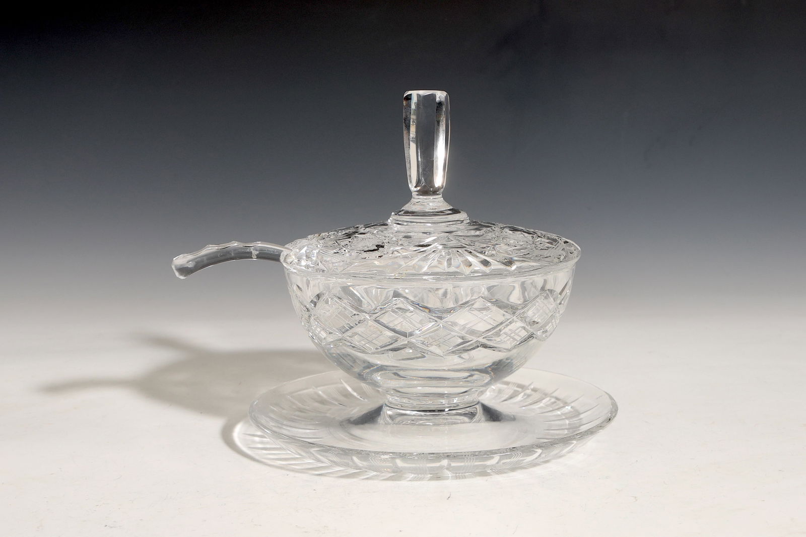 Hand Cut Vintage Glass Sauce Dish With Lid And Ladle (1 of 7)