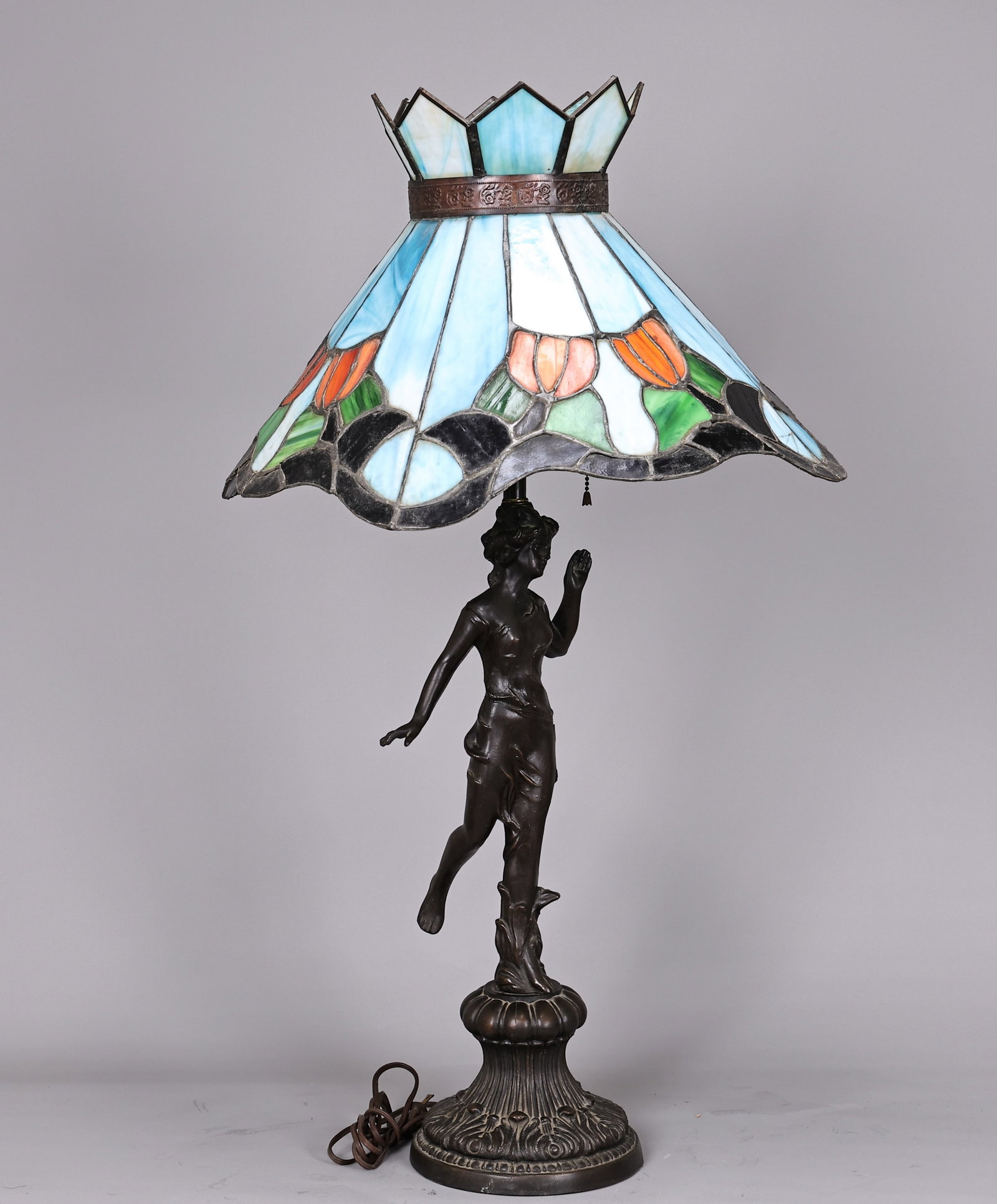 Vintage Bronze Figural Lamp With Sainted Glass Shade (1 of 8)