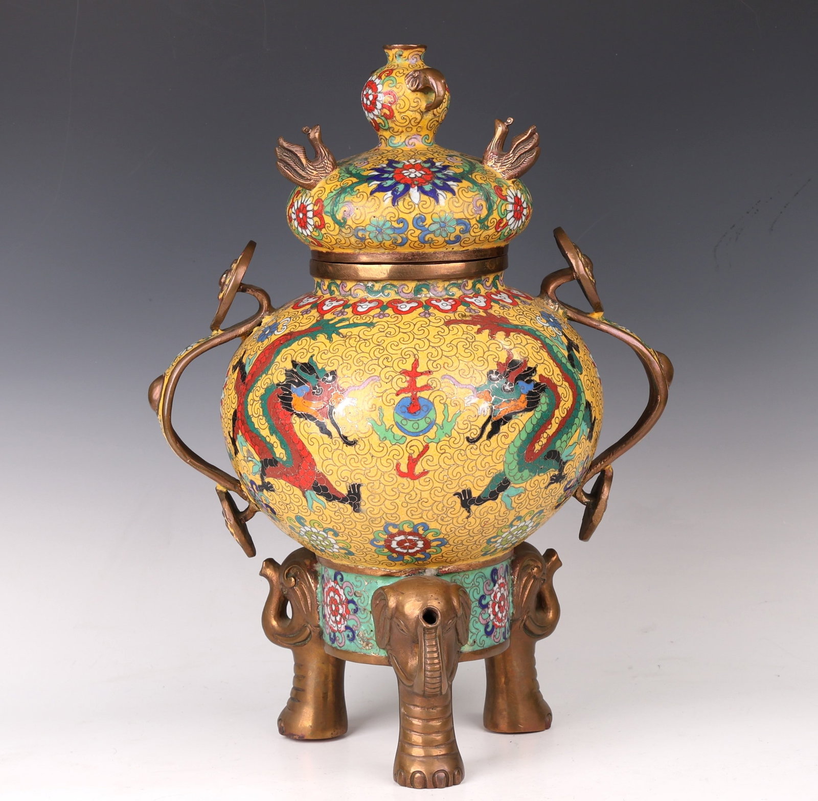 Chinese Cloisonne Enamel Gild 3 Legs Elephant Ear Dragon Incense Burner (1 of 12)