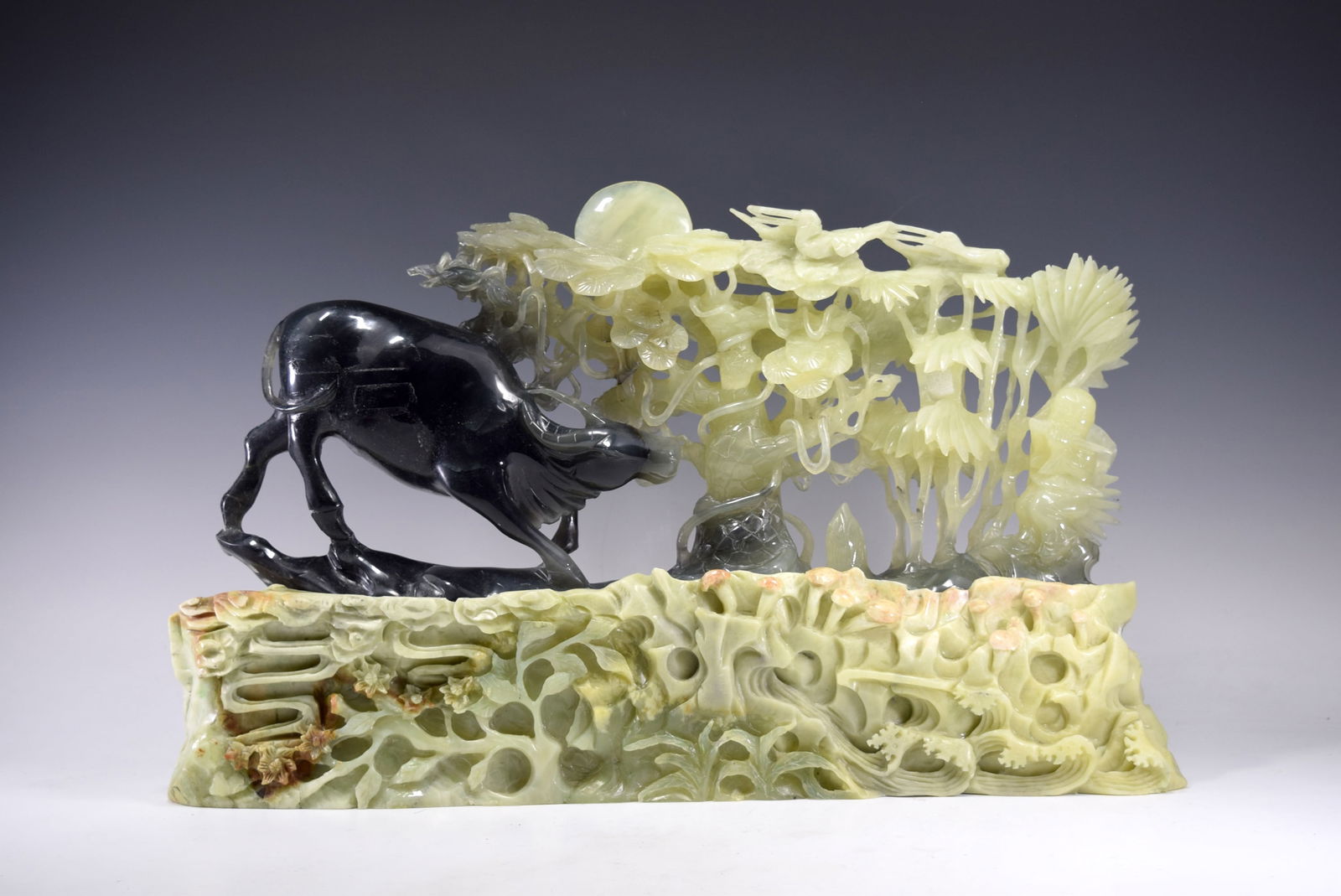Chinese Xiuyan Jade Cow with Tree Ornament: Chinese Xiuyan Jade Cow with Tree Ornament (Top: 45 x 20 x 6 cm Base: 50 x 13 x 8 cm)