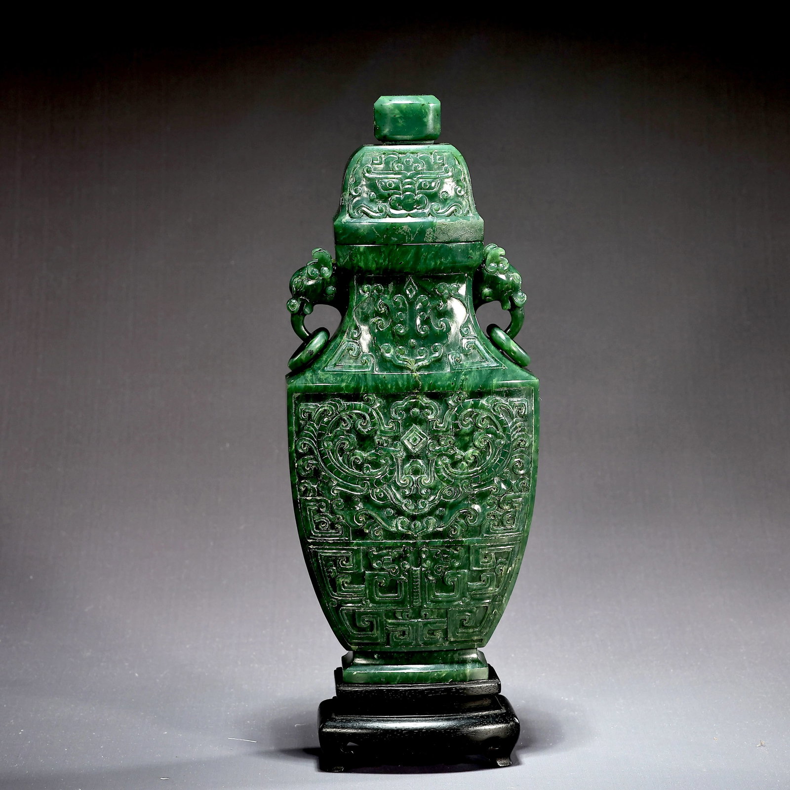 Chinese Carved Spinach Green Jade Vase: Chinese Carved Spinach Green Jade Vase (29.5 x 11 x 4.5 cm including stand)