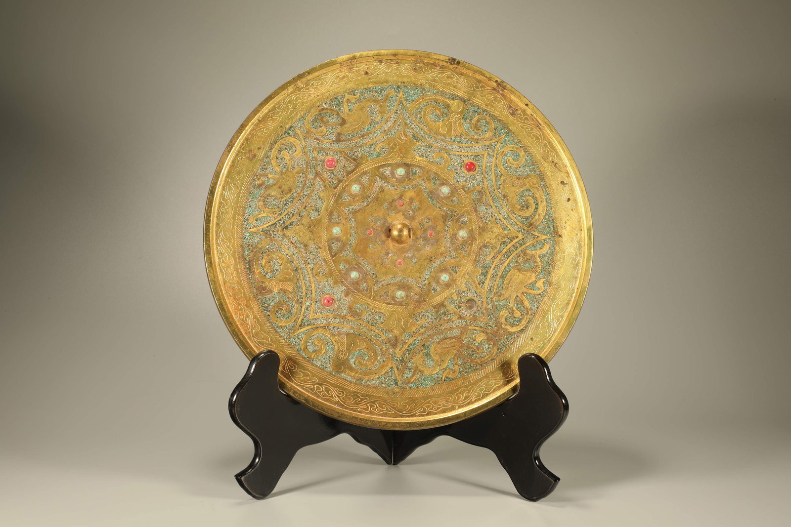 Gilt Bronze Inlaid Gem Stone and Turquoise Phoenix Pattern Mirror (1 of 6)