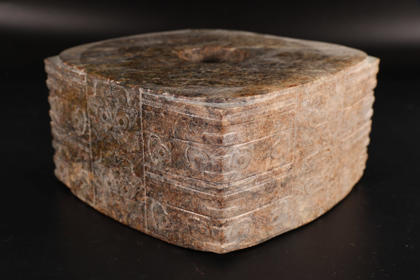 Liangzhu Jade Carved Beast Face Pattern Cong: Liangzhu Jade Carved Beast Face Pattern Cong (17 x 17 x 9cm)