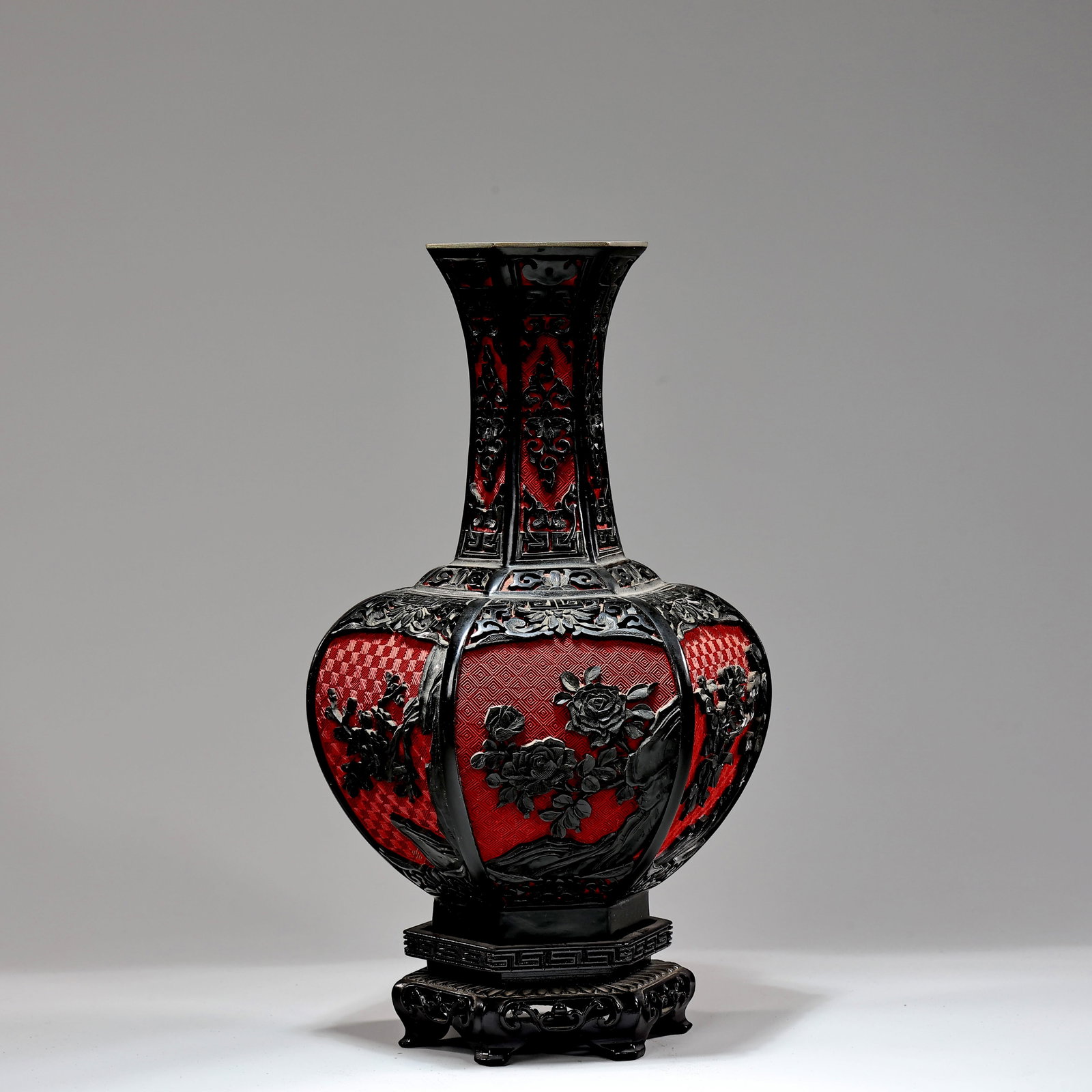 Chinese Carved Black & Red Cinnabar Lacquer Vase (1 of 8)