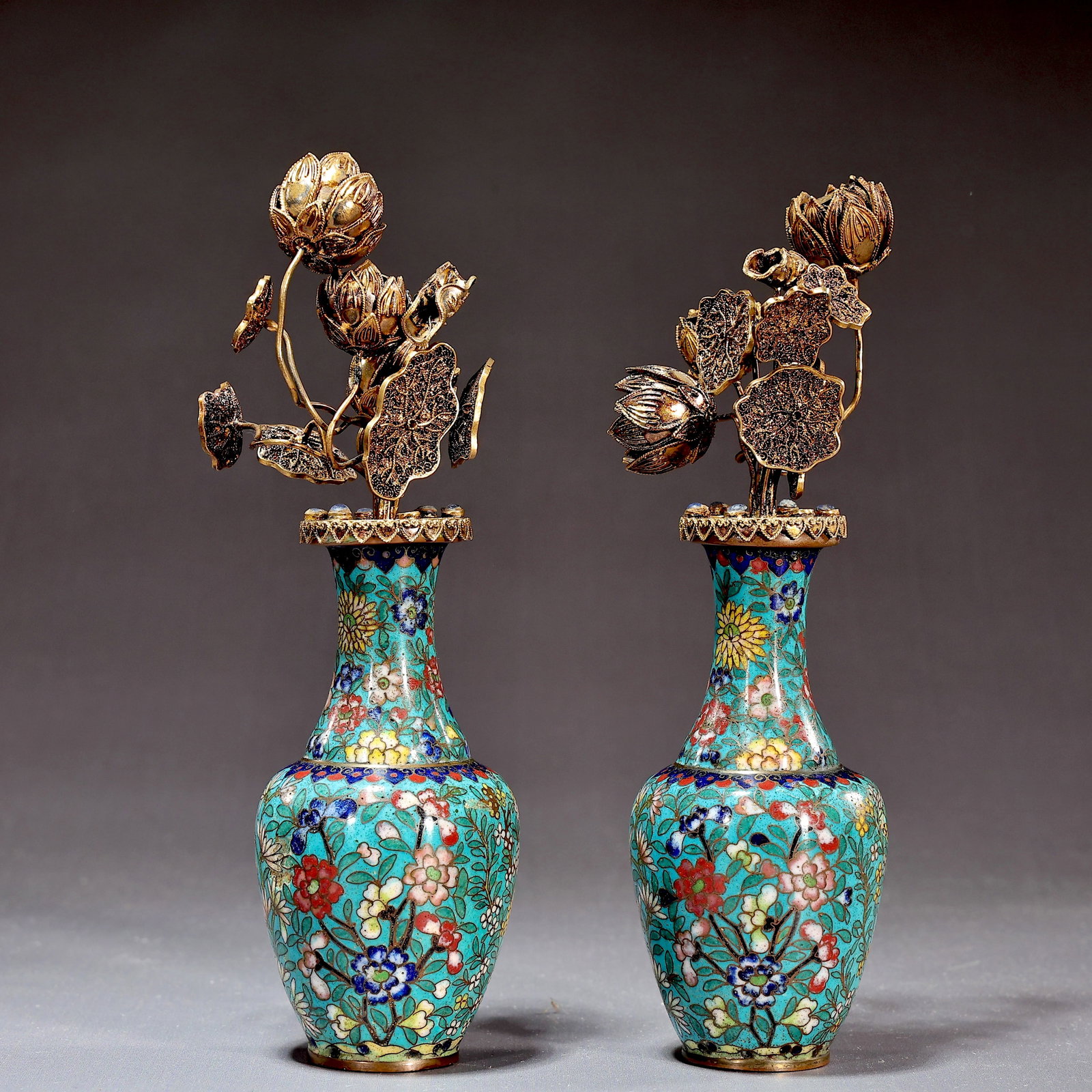 Pair Of Cloisonne Enamel Inaid Gemstones Bronze Branch Vases: Pair Of Cloisonne Enamel Inaid Gemstones Bronze Branch Vases (16 x 4.5 cm each) Conditions: There pieces show minor dents consistent with age and handling