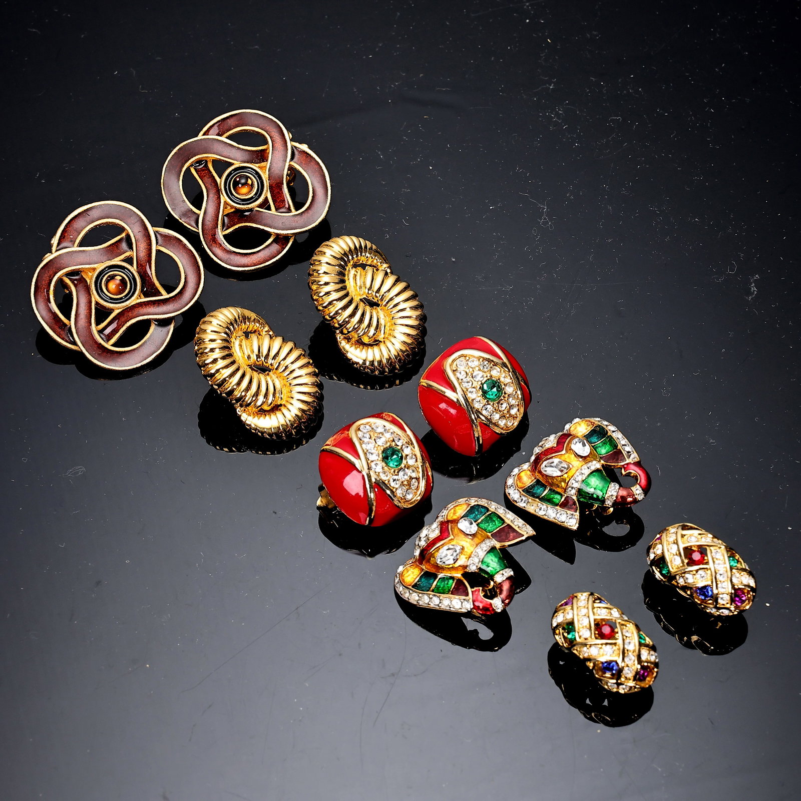 1980s Vintage Enamel Rhinestone Gold Tone Clip-on Earrings: 1980s Vintage Enamel Rhinestone Gold Tone Clip-on Earrings (All in different sizes)