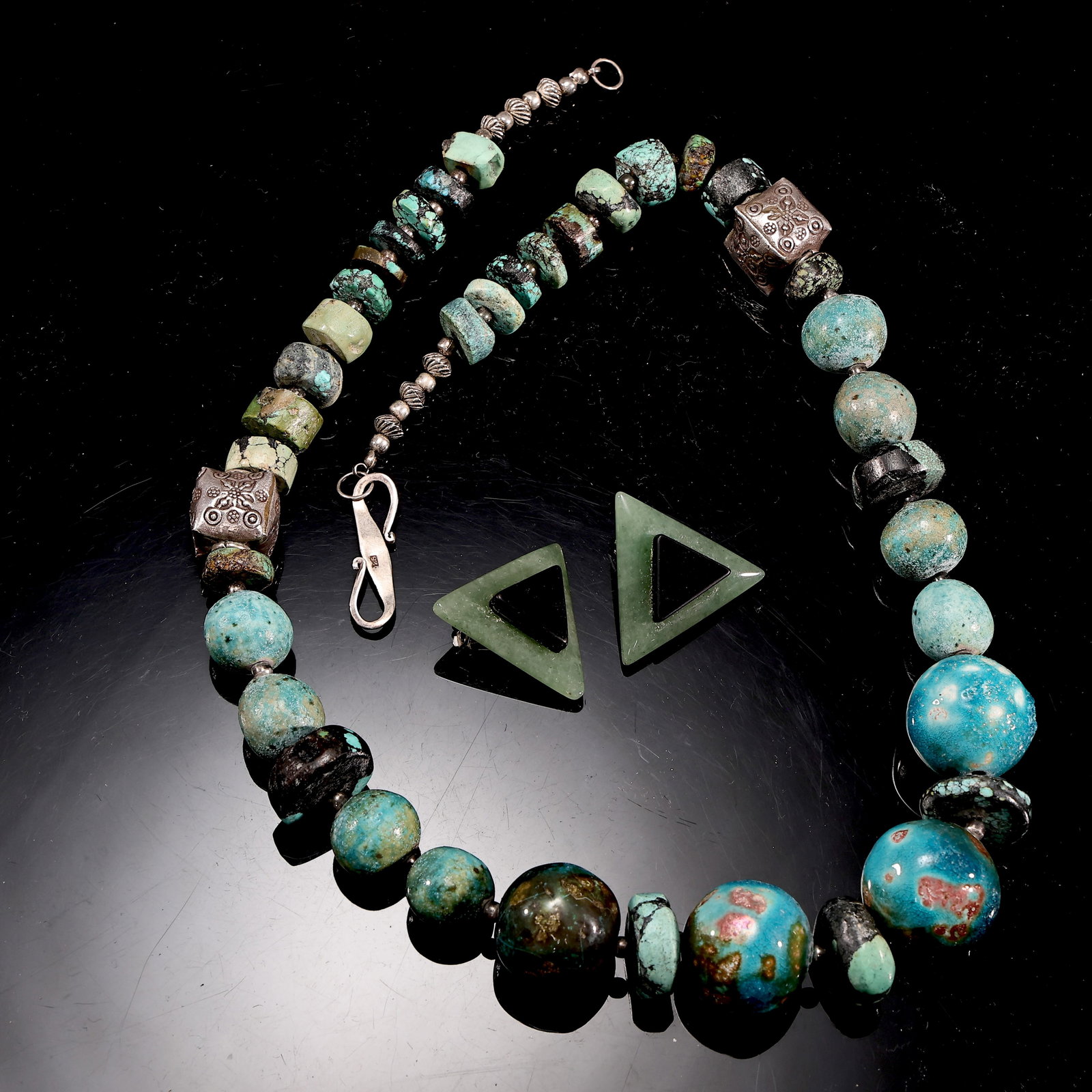 Sterling Silver Turquoise Bead Necklace And Triangle Green Black Earrings (1 of 8)