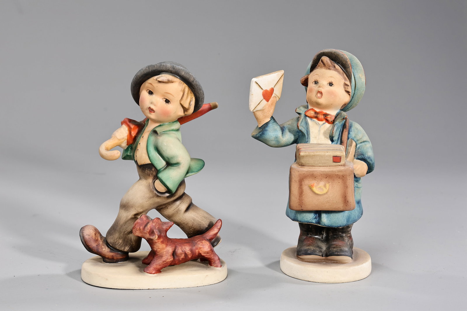 Goebel Hummel Postman#119 And Strolling Along#5 Porcelain Figurines Full Bee Stamped (1 of 8)