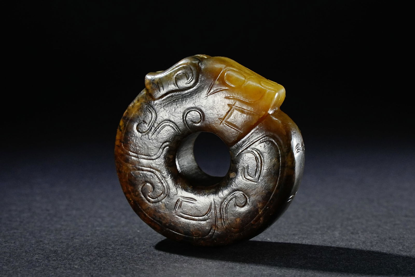 Jade Carved Beast Face Pattern Dragon Shape Bi: Jade Carved Beast Face Pattern Dragon Shape Bi (3.9 x 3.8 x 1.5cm)